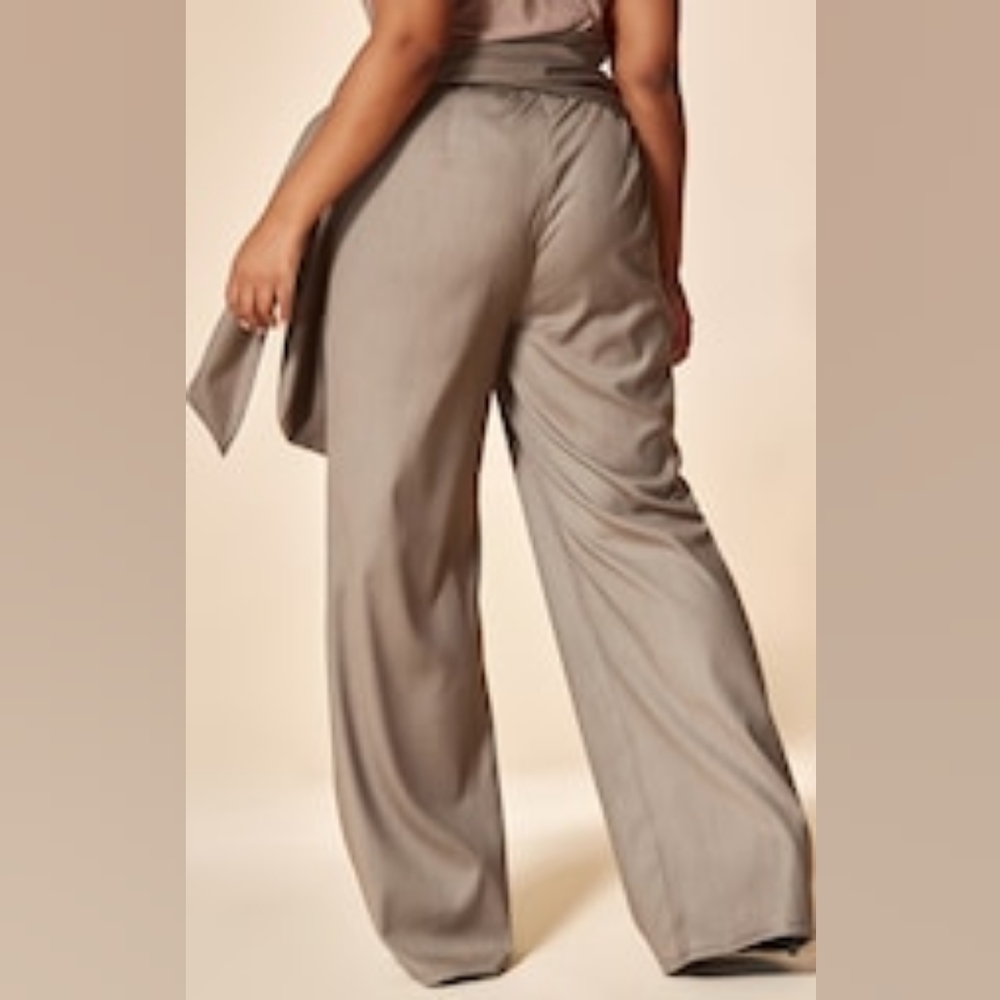 NEW Prettylittlething PTL Label Plus Grey Tie Waist Tailored Straight Leg Pants - Picture 3 of 16